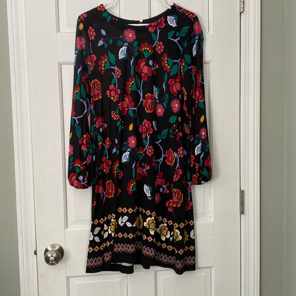 LOFT Black Dress with Red and Green Floral Design